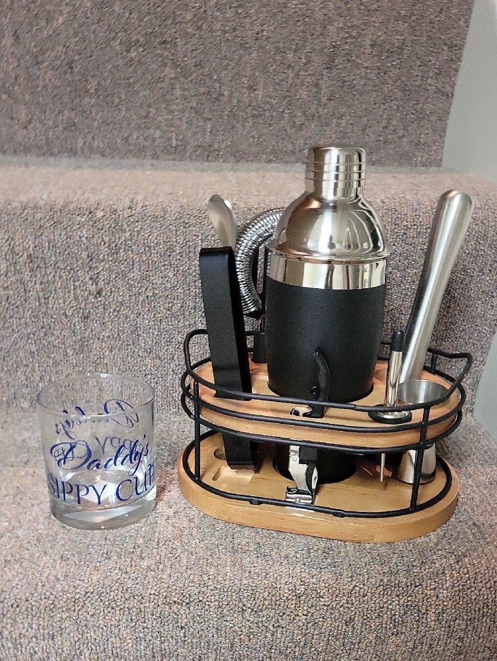 Stainless Steel & Black Cocktail Shaker Set with Wood Rack and Daddys Sippy Cup.